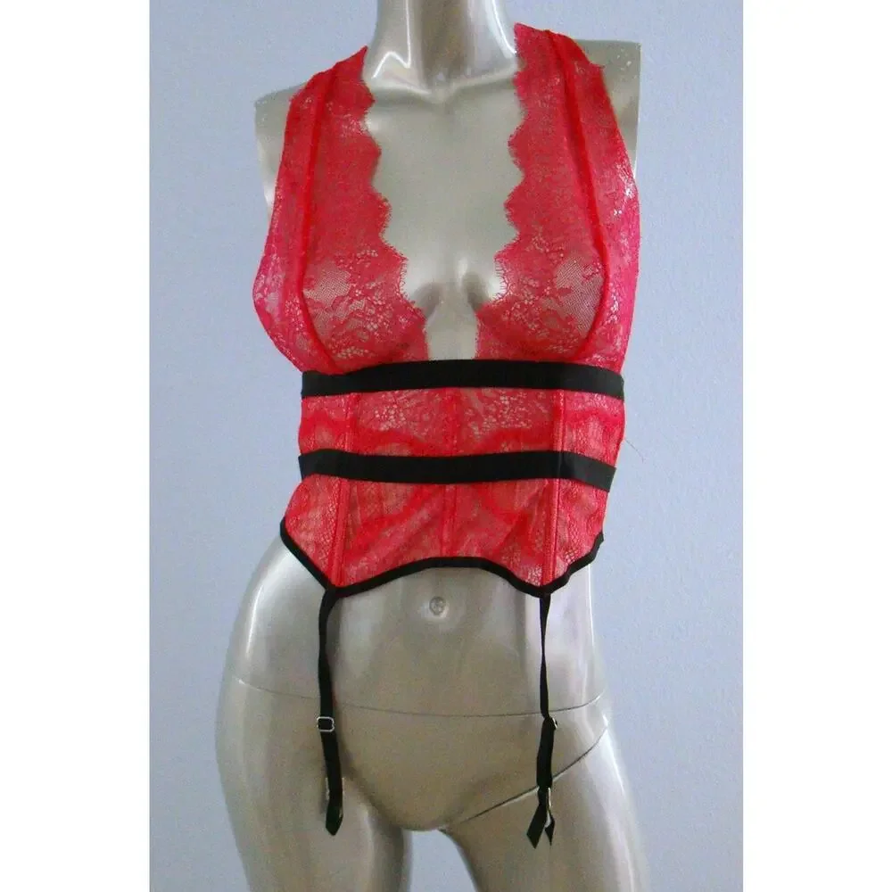 Victoria's Secret $248 Nwt Red Lace Plunge Strappy Halter Banded Garter Slip S